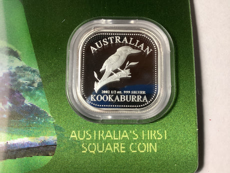 2002 50c The Australian Kookaburra 1/2 ounce Silver Proof Square Coin.