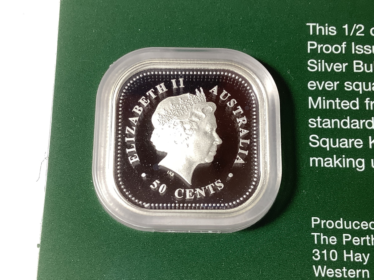 2002 50c The Australian Kookaburra 1/2 ounce Silver Proof Square Coin.