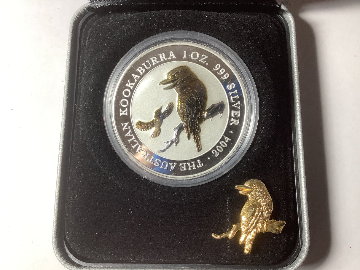 2004 $1 The Australian Kookaburra Silver 1 Ounce Coin Series Gilded Edition.