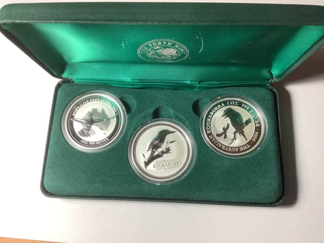 2002-2004 3 x 1 Ounce Silver Kookaburra Coin Set.