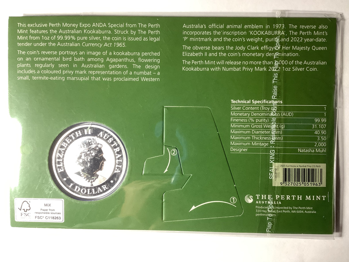 2022 ANDA Perth. Australian Kookaburra with Numbat Privy Mark 1 ounce Silver.