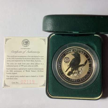 1995 Australian Kookaburra 2oz silver. World Vision Privy Mark