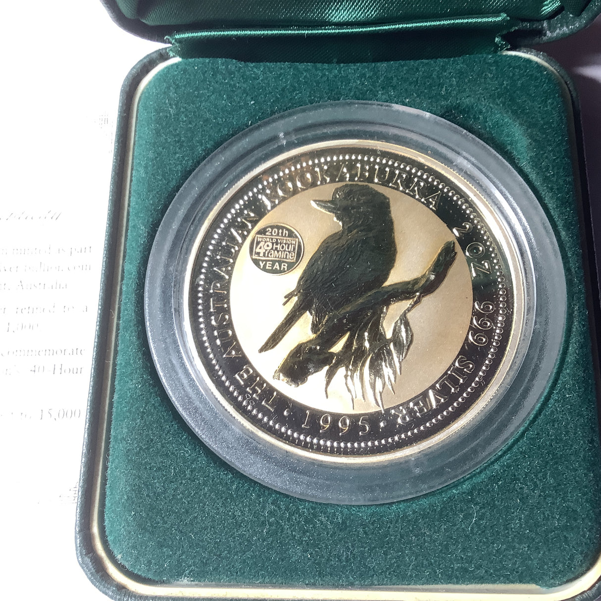1995 Australian Kookaburra 2oz silver. World Vision Privy Mark