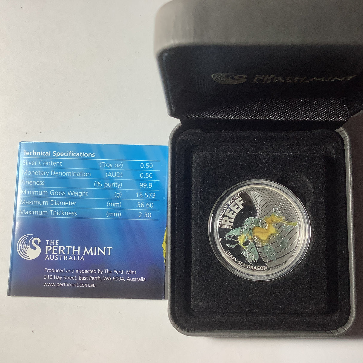 2009 Australian Sea Life The Reef Leafy Sea Dragon 1/2 ounce silver proof coin.