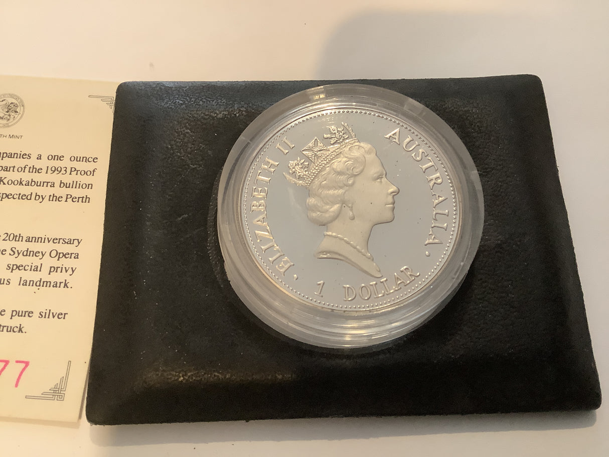 1993 $1 1 Ounce Silver Proof Kookaburra 20th Anniversary Sydney Opera House