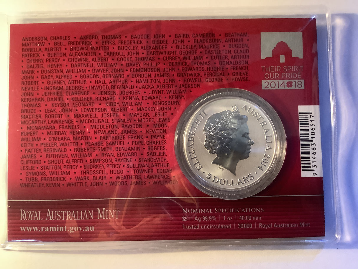 2014 $5 1-ounce Fine Silver Frosted Uncirculated Coin. The Victoria Cross For Valour.