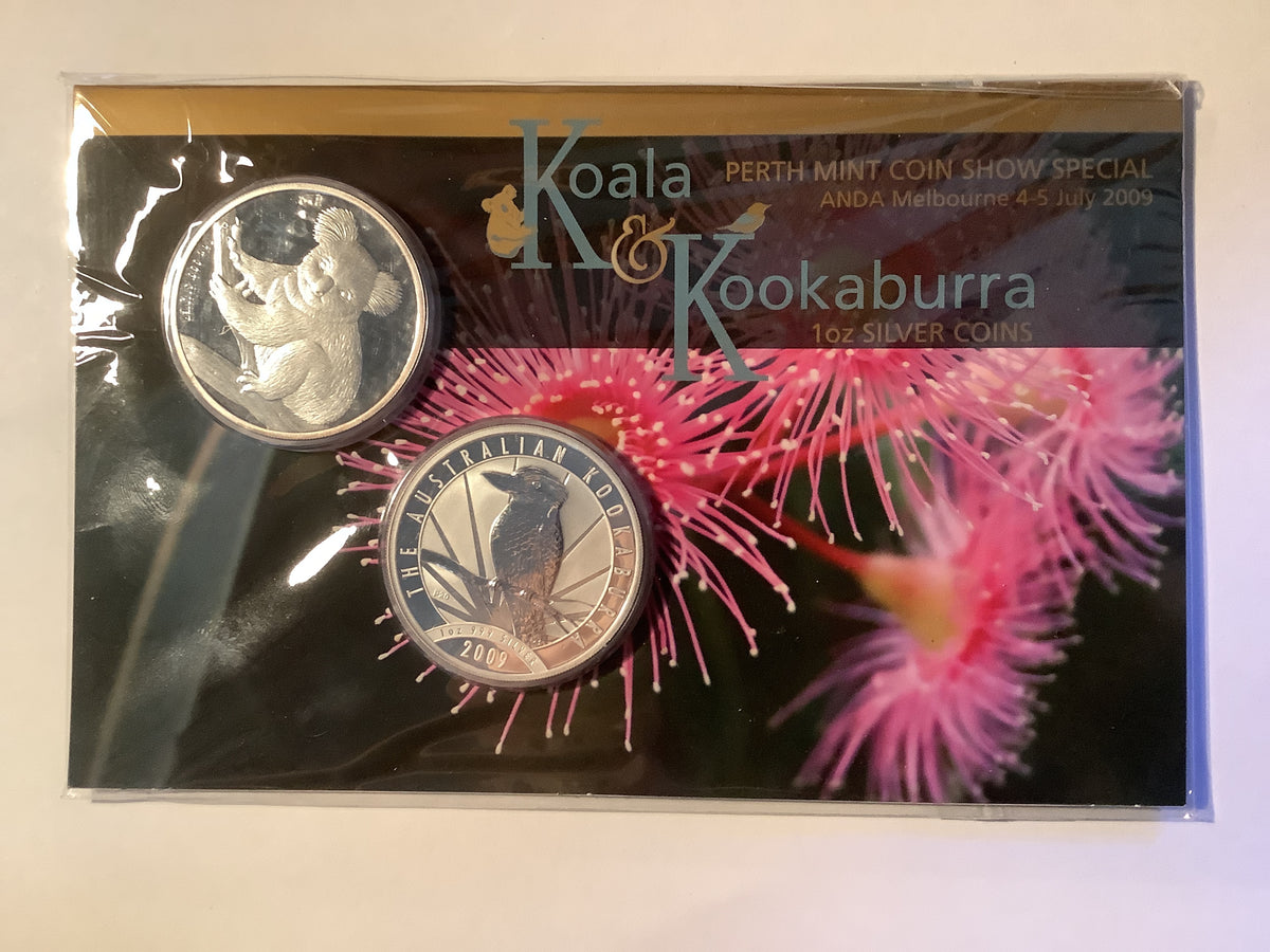 2009 Koala and Kookaburra ANDA Melbourne Show two-ounce fine silver set.