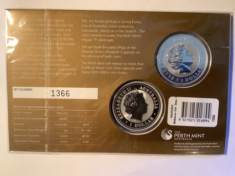 2009 Koala and Kookaburra ANDA Melbourne Show two-ounce fine silver set.