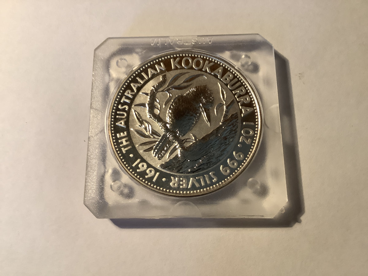 1991 $5 1 ounce silver encapsulated Kookaburra.
