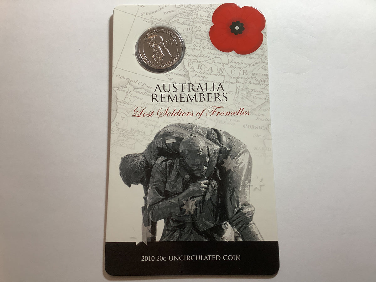 2010 20c Uncirculated Carded Coin. Australia Remembers. Lost Soldiers of Fromelles