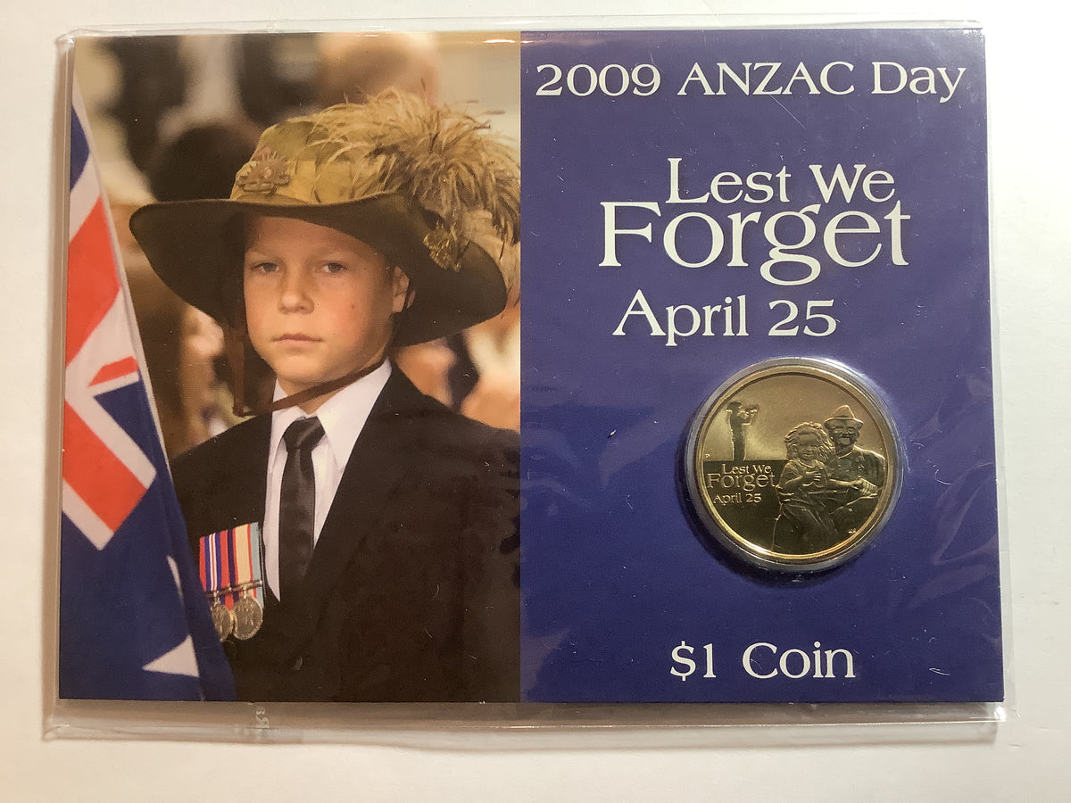 2009 $1 Anzac Day Lest We Forget Uncirculated Carded Coin