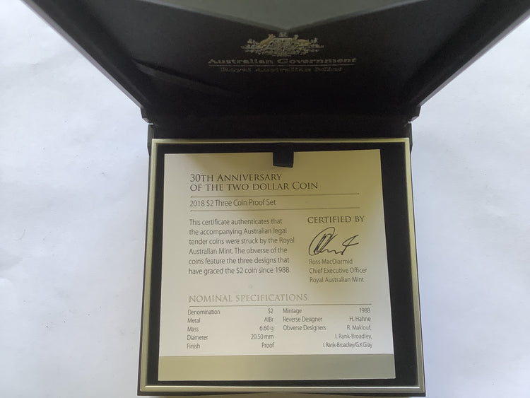 2018 30th Anniversary of the Two Dollar Coin. Three Coin Proof Set
