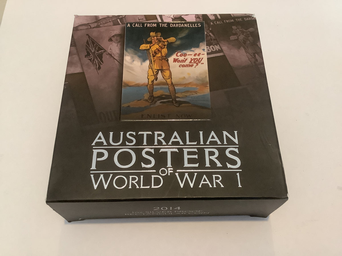 2014 $1 Silver Proof Coin. Australian Posters of World War 1. Rectangular Coin. Enlistment.