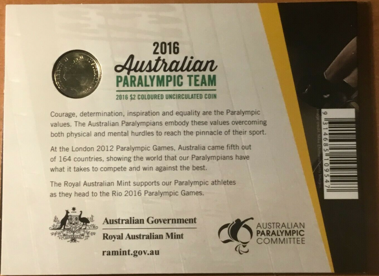 2016 Uncirculated Paralympics $2 coin on card.