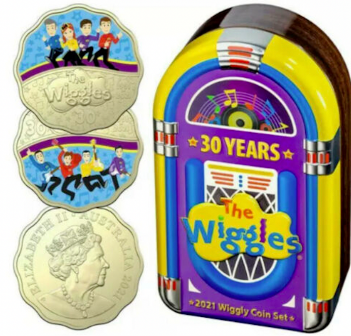 2021 30 Years of The Wiggles: 30c Coloured Uncirculated Scalloped Two Coin Set.