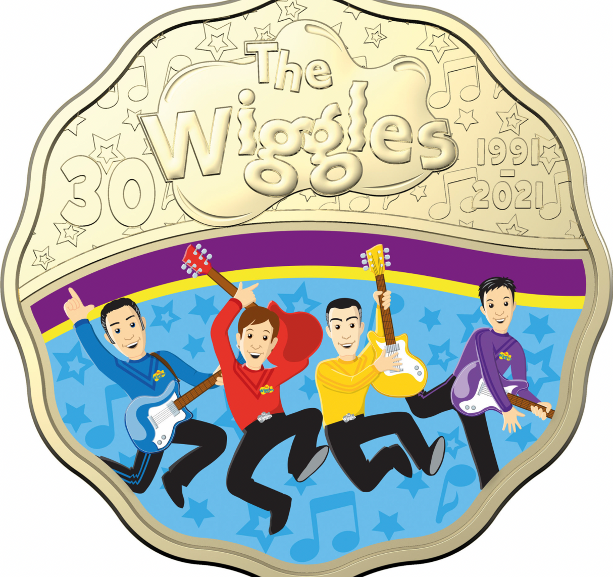 2021 30 Years of The Wiggles: 30c Coloured Uncirculated Scalloped Two Coin Set.
