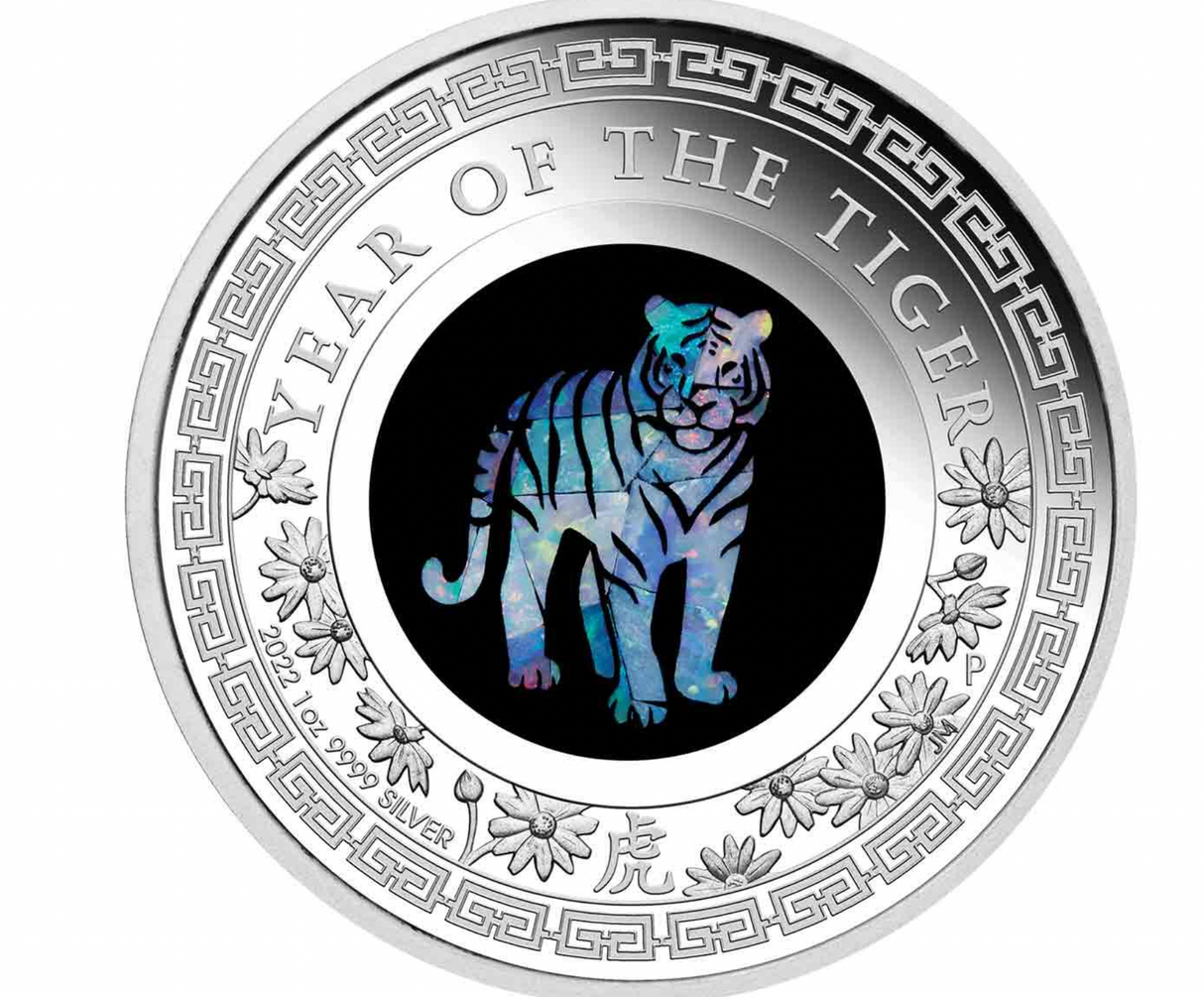 2022 Year of the Tiger $1 Opal 1oz Silver Proof Coin.