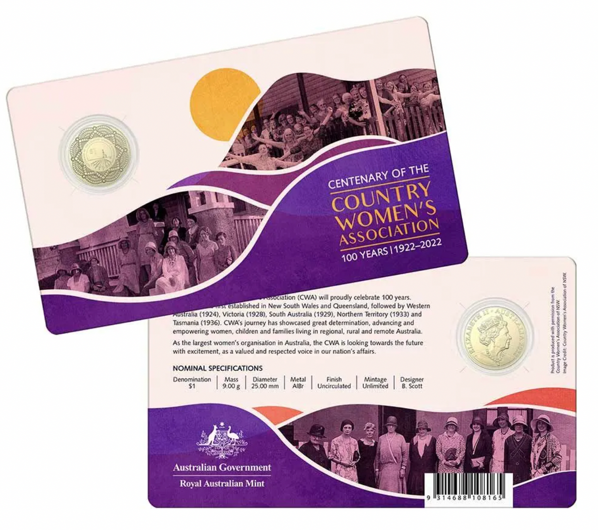 2022 Country Women's Association Centenary $1 Uncirculated Carded Coin.