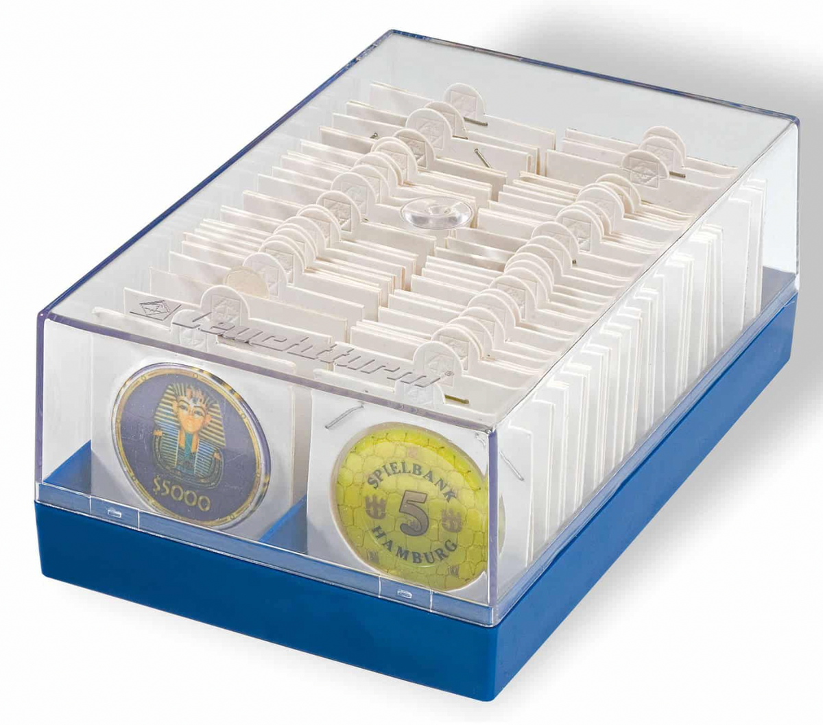 Plastic box for 100 2 X 2 coin holders, blue