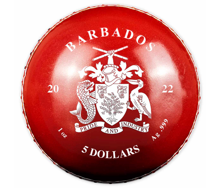 2022 T20 Men's Cricket World Cup $5 Ball-shaped Colour 1oz Silver Coin.